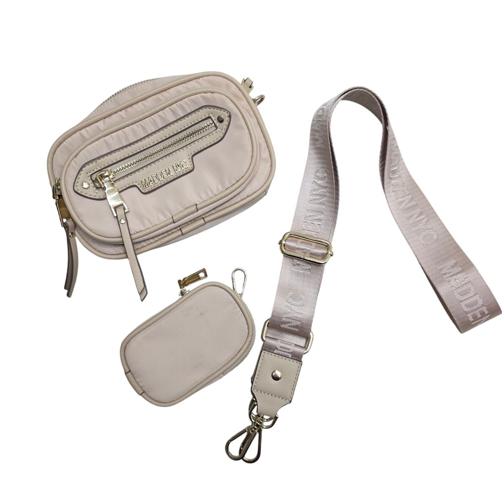 Madden NYC Beige Nylon Crossbody Bag with Detachable Coin Purse Gold Hardware